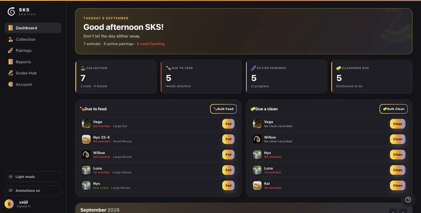 The SKS Exotics dashboard
