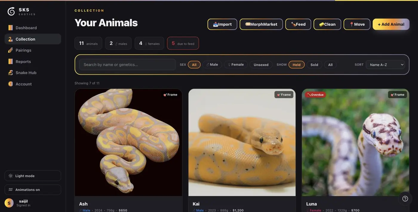 The Collection page, with Add Animal at the top right