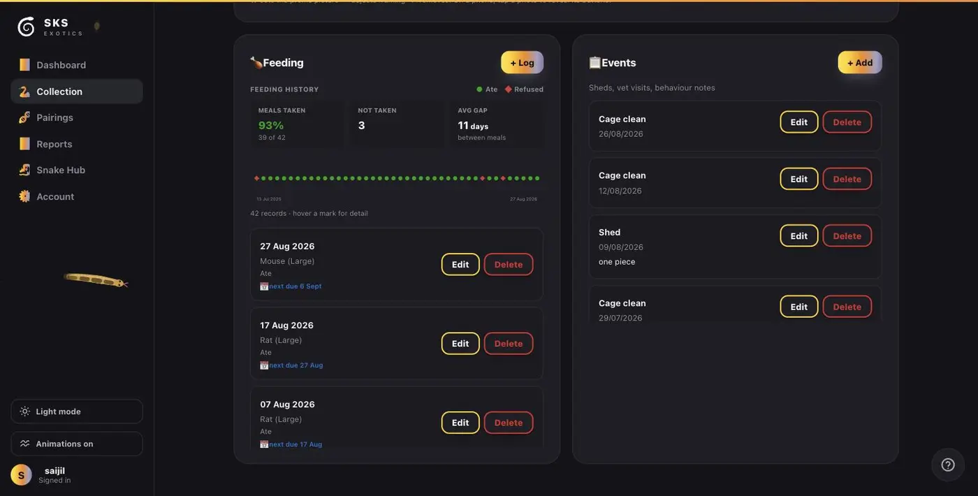 The Feeding and Events sections