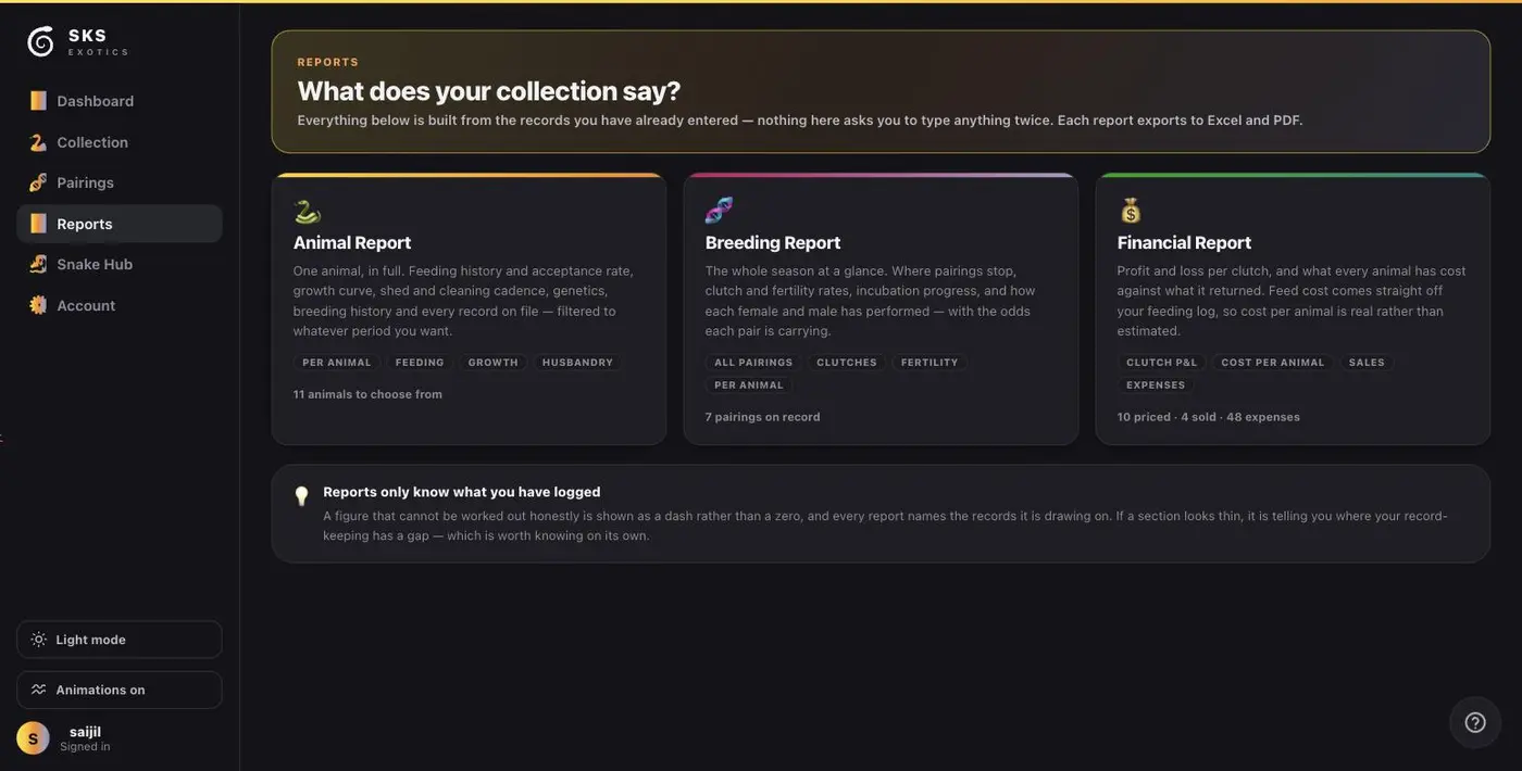 The reports page