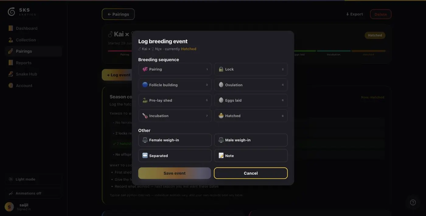 The Log breeding event form