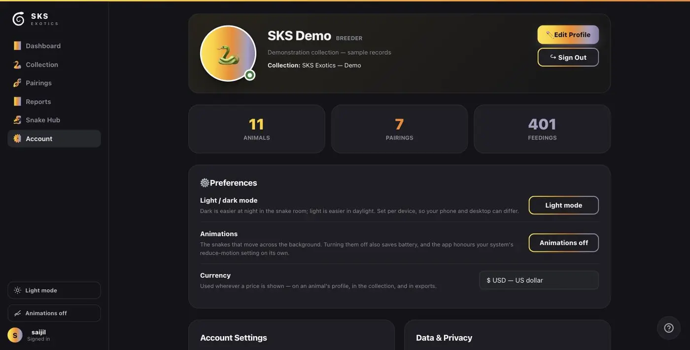 The account page